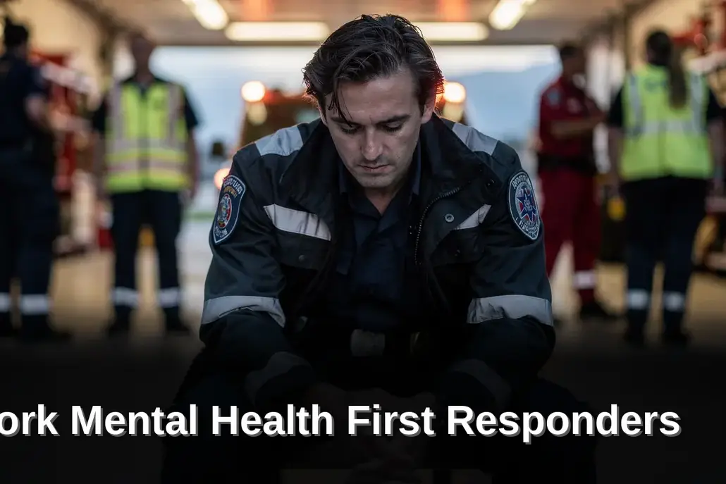 Weary first responder in uniform, reflecting on mental health challenges and shift work stress.